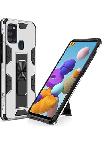 Caseart Samsung Galaxy A21S Kapak Standlı Mıknatıslı Tank Kılıf - Gri