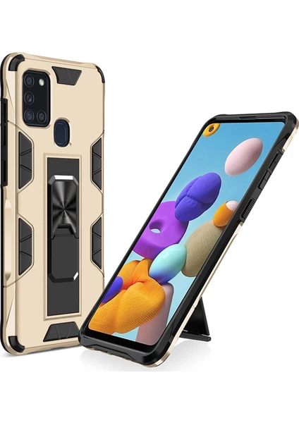 Caseart Samsung Galaxy A21S Kapak Standlı Mıknatıslı Tank Kılıf - Gold