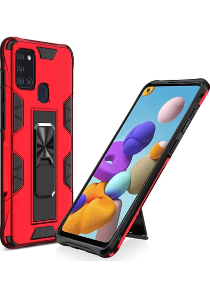 Caseart Samsung Galaxy A21S Kapak Standlı Mıknatıslı Tank Kılıf - Kırmızı