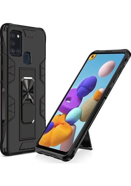 Caseart Samsung Galaxy A21S Kapak Standlı Mıknatıslı Tank Kılıf - Siyah