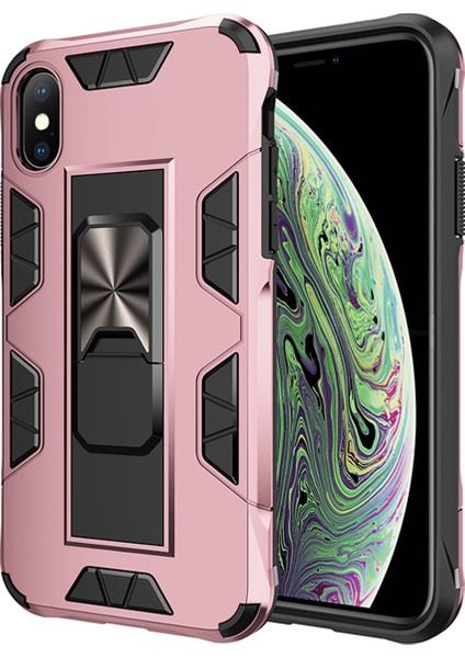 Apple iPhone X Kapak Standlı Mıknatıslı Tank Kılıf - Rose Gold