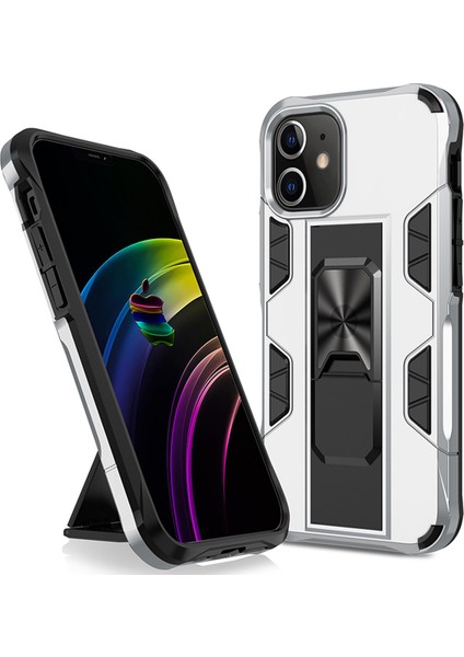 Apple iPhone 12 Kapak Standlı Mıknatıslı Tank Kılıf - Gri
