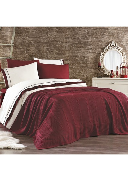 Pamuklu 7 Parça Triko Battaniyeli Sonbahar Nevresim Takımı Bordo