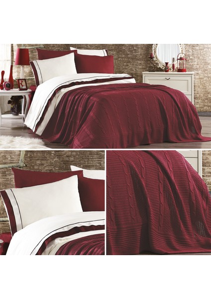 Pamuklu 7 Parça Triko Battaniyeli Sonbahar Nevresim Takımı Bordo fiyatları