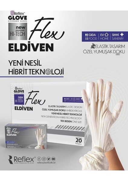 Pudrasız Tek Kullanımlık Beyaz Flex Eldiven 20'li Koli 100'LÜ