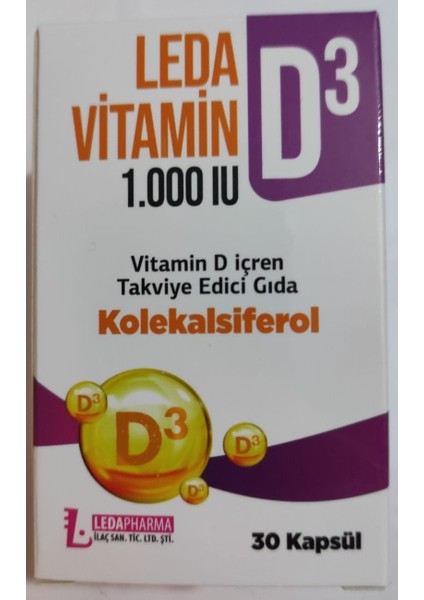 Vitamin D3 1000 IU D Vitamin İçeren Takviye 30 Kapsül
