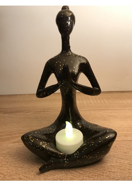 Talya Art Desing Yoga Yapan Kadın (Namaste), Tealight Mumluk (Siyah)