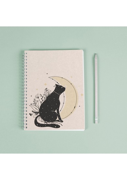 Kedi Ay Çiçek Spiralli A5 96 Yaprak Çizgisiz Defter PYTKDT063