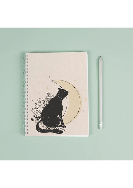 Paytak Moda Kedi Ay Çiçek Spiralli A5 96 Yaprak Çizgisiz Defter PYTKDT063