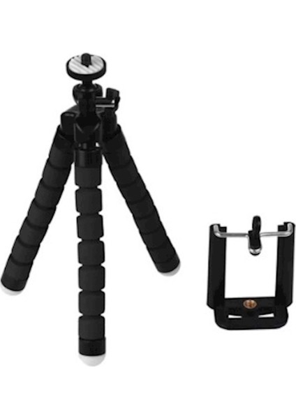 Süngerli Ahtapot Tripod + Telefon Aparatı Siyah