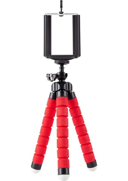 Süngerli Ahtapot Tripod + Telefon Aparatı Kırmızı