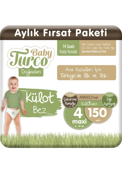 Baby Turco Doğadan Külot Bez 4 Numara Maxi 150'lı