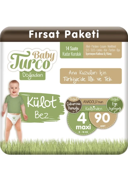 Baby Turco Doğadan Külot Bez 4 Numara Maxi 90'lı