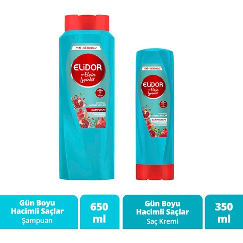 Elidor Gün Boyu Hacimli Saçlar Nar Çiçeği Yağı Özlü Saç Bakım Şampuanı by Elvin Levinler 650 ml + Saç Bakım Kremi 350ml Elidor Gün Boyu Hacimli Saçlar Nar Çiçeği Yağı Özlü Saç Bakım Şampuanı by Elvin Levinler 650 ml + Saç Bakım Kremi 350ml