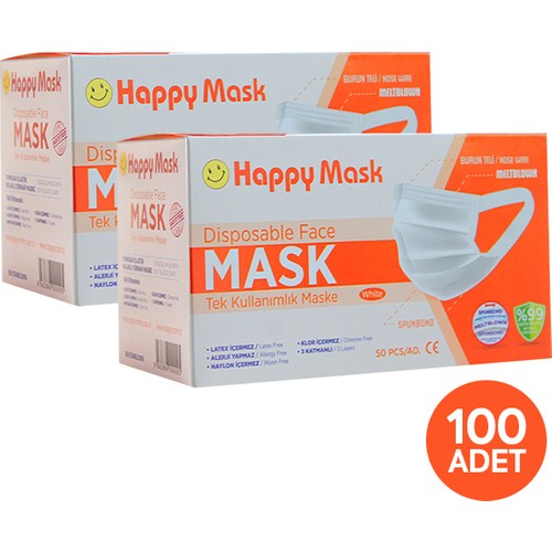 Happy Yumuşak Elastik Kulaklı 3 Katlı Telli Beyaz Cerrahi Maske 100 Lü