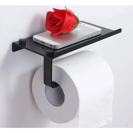 Alper Banyo Telefon Raflı Tuvalet Kağıtlığı Cep Telefonu Tutmalı Raf Siyah