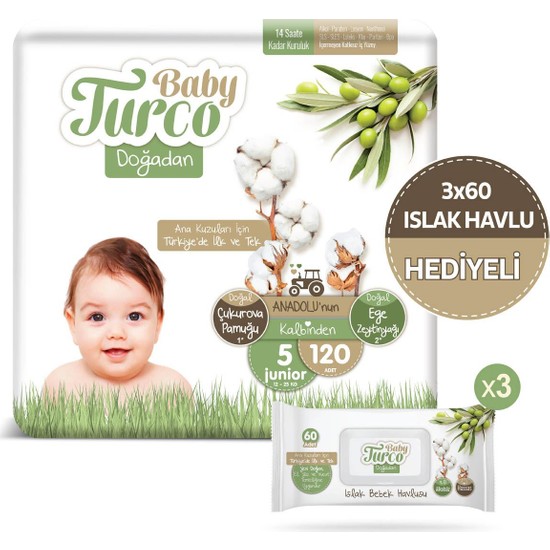 Baby Turco Doğadan 5 Numara Junıor 120'LI 3*60'LI Islak Havlu Hediyeli