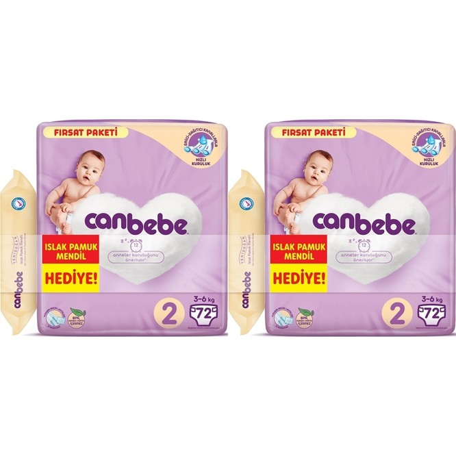 Canbebe Bebek Bezi 2 Beden 3-6 kg 72 x 2'li + Islak Mendil