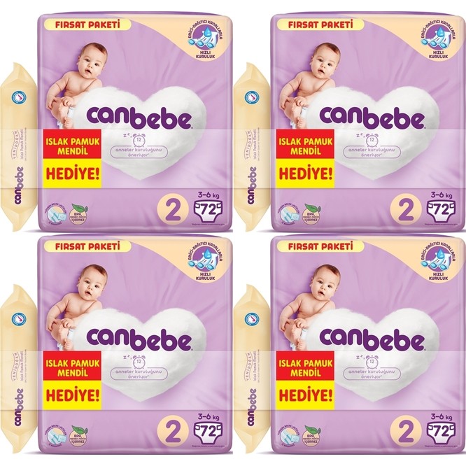 Canbebe Bebek Bezi 2 Beden 3-6 kg 72 x 4'lü + Islak Mendil