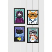 Trend Poster 4 Parça Kedi Ev Dekorasyon Çerçeve Görünümlü Arkası Yapışkanlı Ahşap Mdf Tablo Set