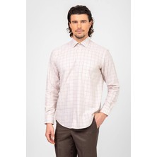 Erkek Bej Uzun Kol Kareli Regular Fit Gömlek