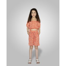 Zana Kids 7-10 Yaş Kız Çocuk Çiçek Desenli Şortlu Takım - Orange