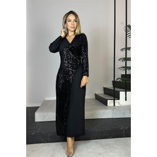 Ges Moda G0735 V Yaka Payet Detaylı Abiye Elbise Siyah