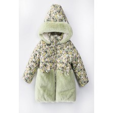 Podium Giyim Özel Sevimli Tasarım Çiçekli Fiyonk Detaylı Tavşan Kulaklı  Varaklı Içi Kürklü  Kışlık Kaban- Mont