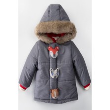 Podium Giyim Trend Sevimli Oyuncak Düğme Figürlü Fermuarlı Varaklı Içi Polar  Kapüşonlu Kışlık Mont