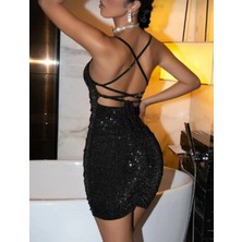 Rosy Li In Style Siyahüzeri Gümüş Simli Sırt Kısmı Çapraz Bağlamalı Elbise