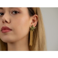 Flechazo Jewelry Yeşil Zirkon Taşlı Altın Kaplama Sallanan Zincirler ile Tamamlanmış Denizyıldızı Motifli El Yapımı Küpe