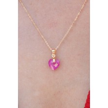 By Gökhans Gold Renk Pembe Kalp Kristal Taş Kadın Kolye
