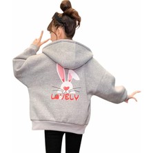 Kids Face Özel Tasarım Kapüşonlu Tam Fermuarlı Lovely Sırt Baskılı 3 Iplik Tam Kışlık Kız Çocuk Sweatshırt
