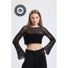 Pulur.co Siyah El Örgüsü Ajurlu Ispanyol Kol Crop Bluz