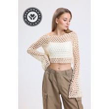 Pulur.co Krem El Örgüsü Ajurlu Ispanyol Kol Crop Bluz