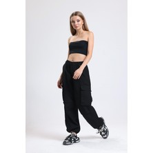 Pulur.co Siyah Yüksek Bel Wide Leg Kabanlık Gabardin Kargo Pantolon