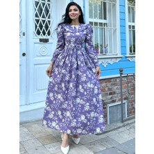 Küçüğüm Butik Tesettür Seyyar Yakalı Mor Güllü Belden Büzgülü Poplin Elbise