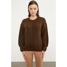 Sementa Prenses Kol Örgü Detaylı Triko Kazak - Kahve