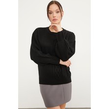 Sementa Prenses Kol Örgü Detaylı Triko Kazak - Siyah