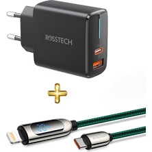 Rosstech 20W Pd Hızlı Şarj Adaptörü + 20W Usb-C To Lightning Dijtal Ekranlı Hızlı Şarj Kablosu Seti