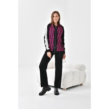 FTZ Women Kadın Kapşonlu Kazayağı Desenli İkili Takım  Siyah Ekru 20536