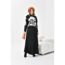 FTZ Women Kadın Çiçek Desen Detaylı Etekli Takım  Siyah 20125