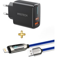 Rosstech 20W Pd Hızlı Şarj Adaptörü + 12W Lightning To USB Dijtal Ekranlı Hızlı Şarj Kablosu Seti