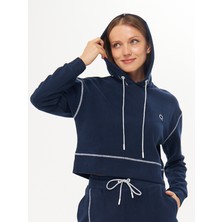 Qmari Lacivert Karyoka Dikişli Kadın Oversize Kapşonlu Sweatshirt | Yumuşacık Selanik | Nakışlı Beyaz Q Logo HOD5051