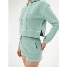 Qmari Mint Karyoka Dikişli Kadın Oversize Kapşonlu Sweatshirt | Yumuşacık Selanik | Nakışlı Beyaz Q Logo HOD5051