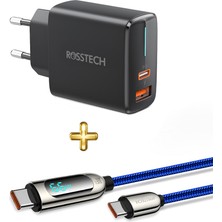 Rosstech 20W Pd Hızlı Şarj Adaptörü + 66W Type-C To Type-C Dijtal Ekranlı Hızlı Şarj Kablosu Seti