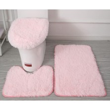 Masterr Pvc Flanel Destekli 3 Yumuşak, Kaymaz Mikrofiber Banyo Paspası Seti, Banyo Paspası + Wc Kontur Paspası + Klozet Kapağı, Düz Açık Pembe (Yurt Dışından)