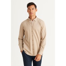 ALTINYILDIZ CLASSICS Erkek Vizon Slim Fit Dar Kesim Düğmeli Yaka Pike Desenli Örme Gömlek