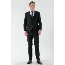 Morven  Erkek Siyah Poliviskon Basic Yelekli Jakar Desen Slim Fit Sivri Yaka Takım Elbise