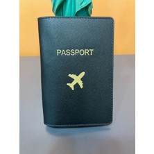 Seyahat Aksesuar Uçak Temalı Siyah Deri Pasaport Kılıfı